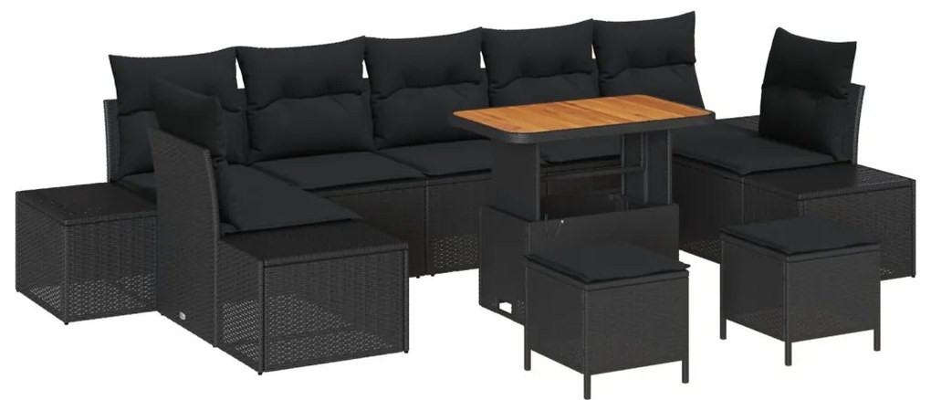 10 darabos kertibútor szett párnákkal fekete poli rattan, akác, 2 fős kertibútor párnákkal fekete poli rattan, 3 darabos kertibútor étkező szett párnákkal fekete poli rattan, akác