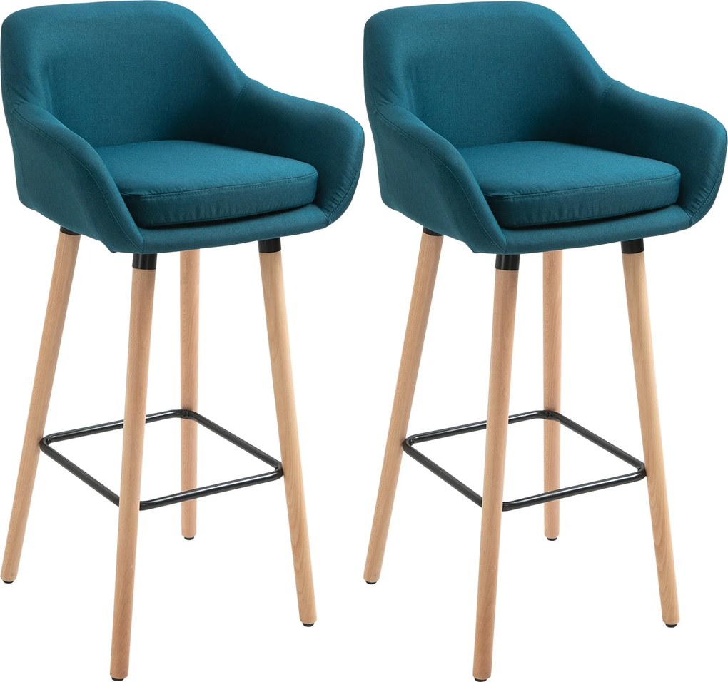 HOMCOM Skandináv Stílusú Bárszékek - 2 db Magas Kényelmes Bárszék Lábpihentővel és Karfával - Masszív Fa Kék Vászon | Aosom