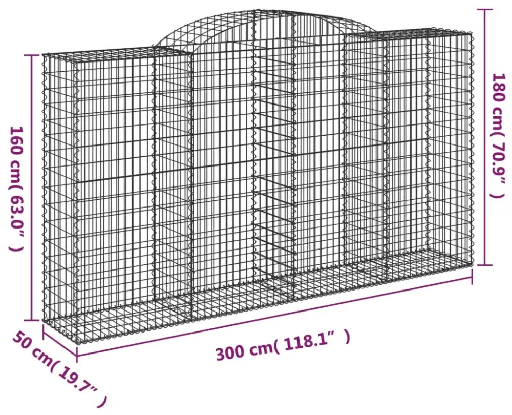 6 db íves horganyzott vas gabion kosár 300x50x160/180 cm
