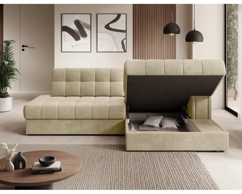 Világosbarna bársony kinyitható sarokkanapé (jobb oldali-heverő résszel) Blezalt – ELTAP