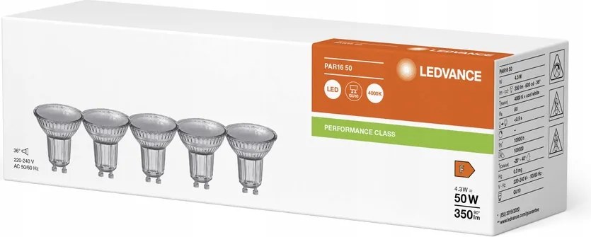 Led izzó PAR16 GU10 4,3W 50W 350lm 4000K Semleges 36° Ledvance x5