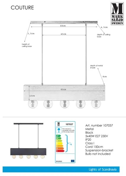 Markslöjd 107037 - Csillár zsinóron COUTURE 5xE27/40W/230V fekete