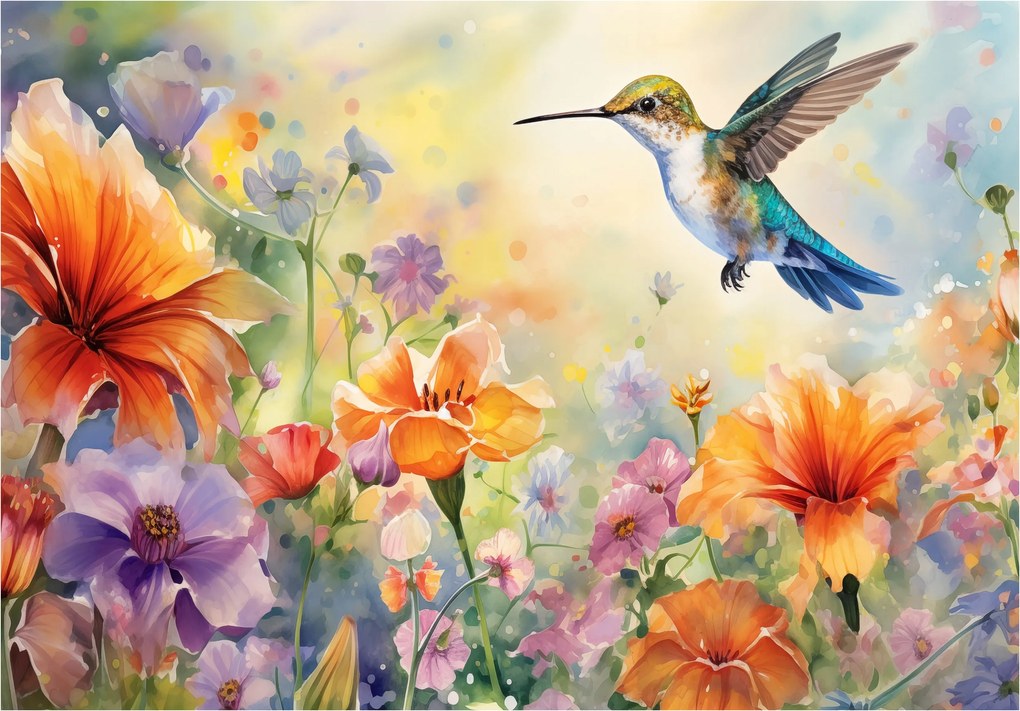 Fotótapéta Kolibri Virágok Pasztell akvarellek 312x219 vinil +ragasztó