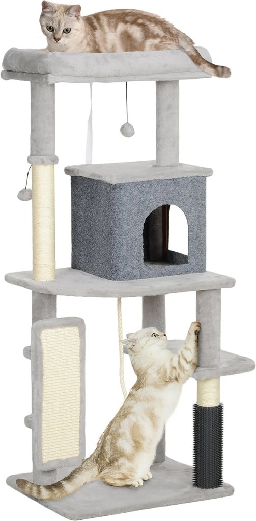 PawHut Kaparófa 132 cm Macskafa Macska Bújóval, Játék Gömbbel, Sisakos Kaparóoszlopokkal, 6 kg-ig Terjedő Macskák Számára, Világosszürke | Aosom