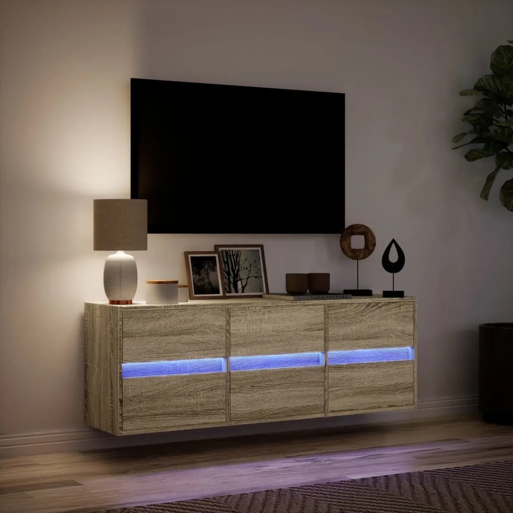 sonoma tölgy színű fali TV-szekrény LED-ekkel 130x31x45 cm