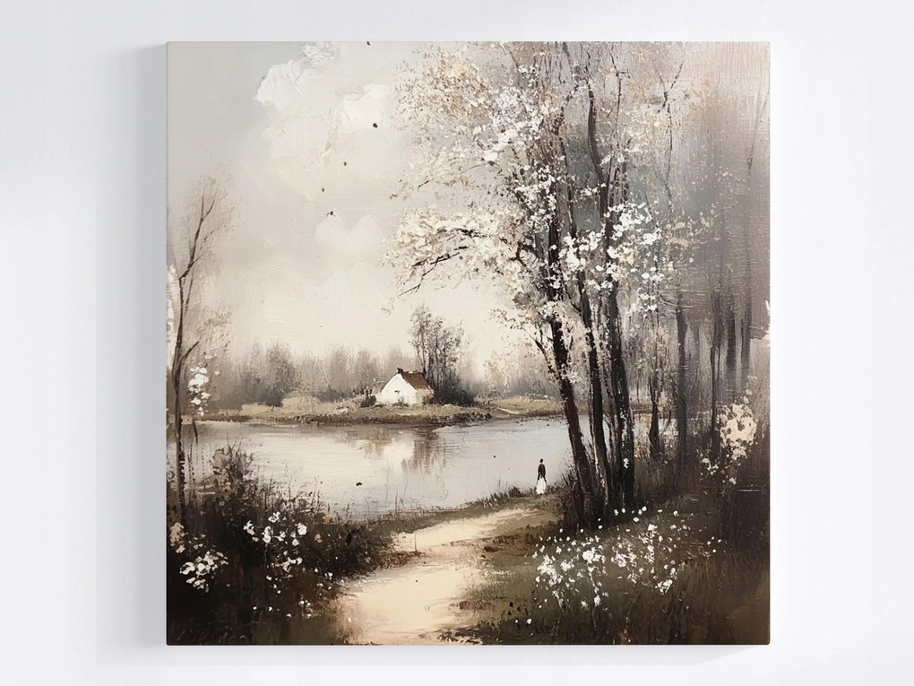 Vászonkép Canvas Tájkép Folyó Ház Fák Falu Vintage Retro 80x80