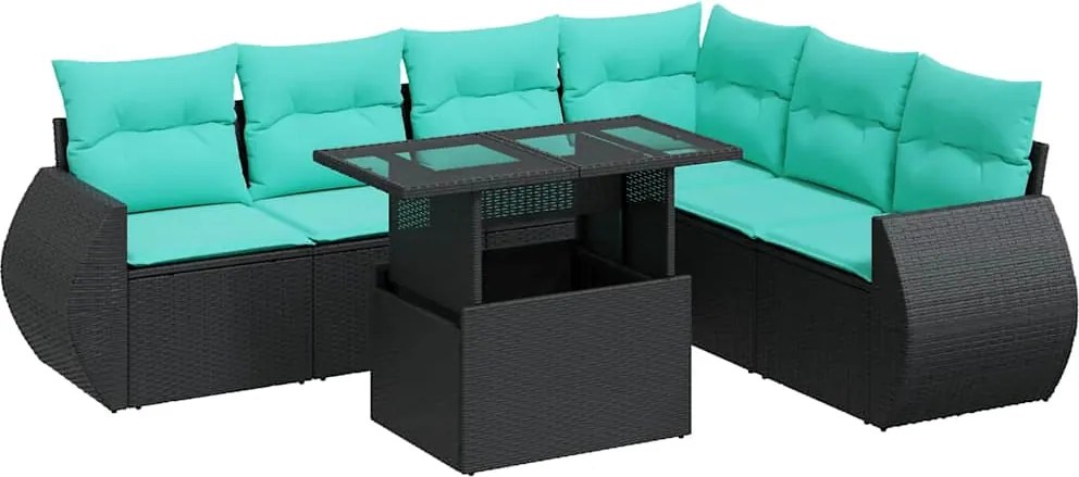 vidaXL 7 részes fekete polyrattan akácfa kerti ülőgarnitúra párnával