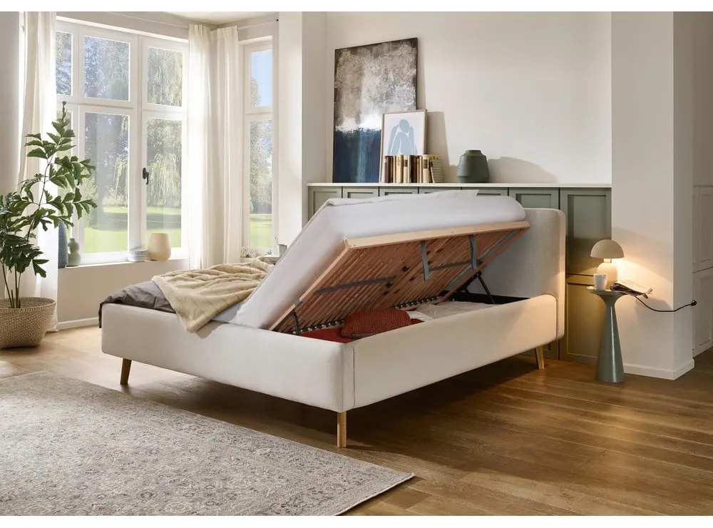 Krémszínű kárpitozott ágyneműtartós franciaágy ágyráccsal 140x200 cm Mattis – Meise Möbel