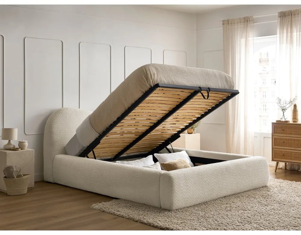 Bézs kárpitozott ágyneműtartós franciaágy ágyráccsal 160x200 cm Orlane – Bobochic Paris