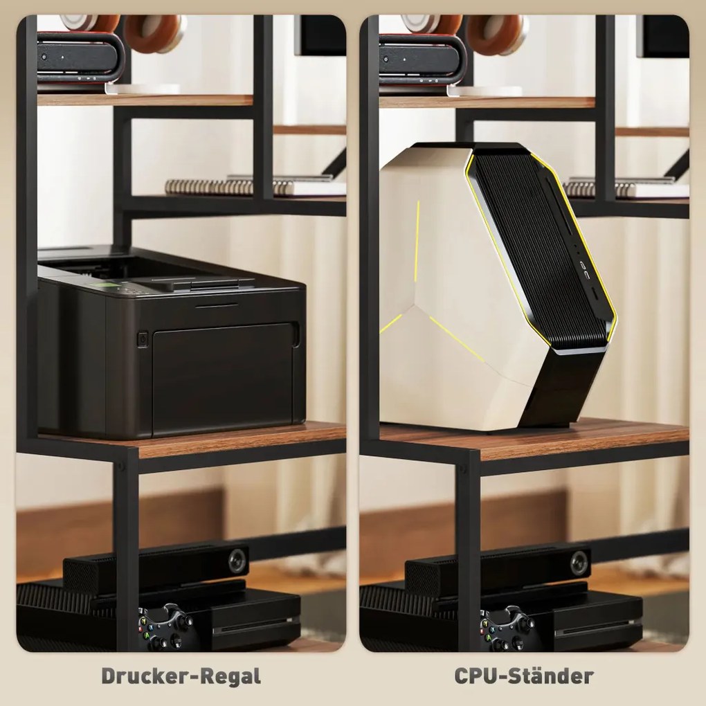 HOMCOM Íróasztal monitorállvánnyal, szintes polccal, Ipari Design, barna