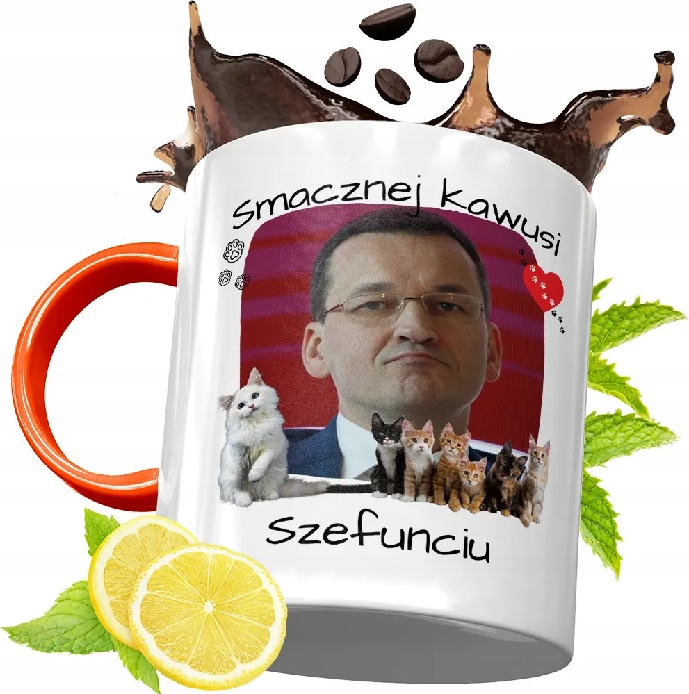 Narancssárga Bögre Mateusz Morawiecki Ajándék fényképes nyomtatással