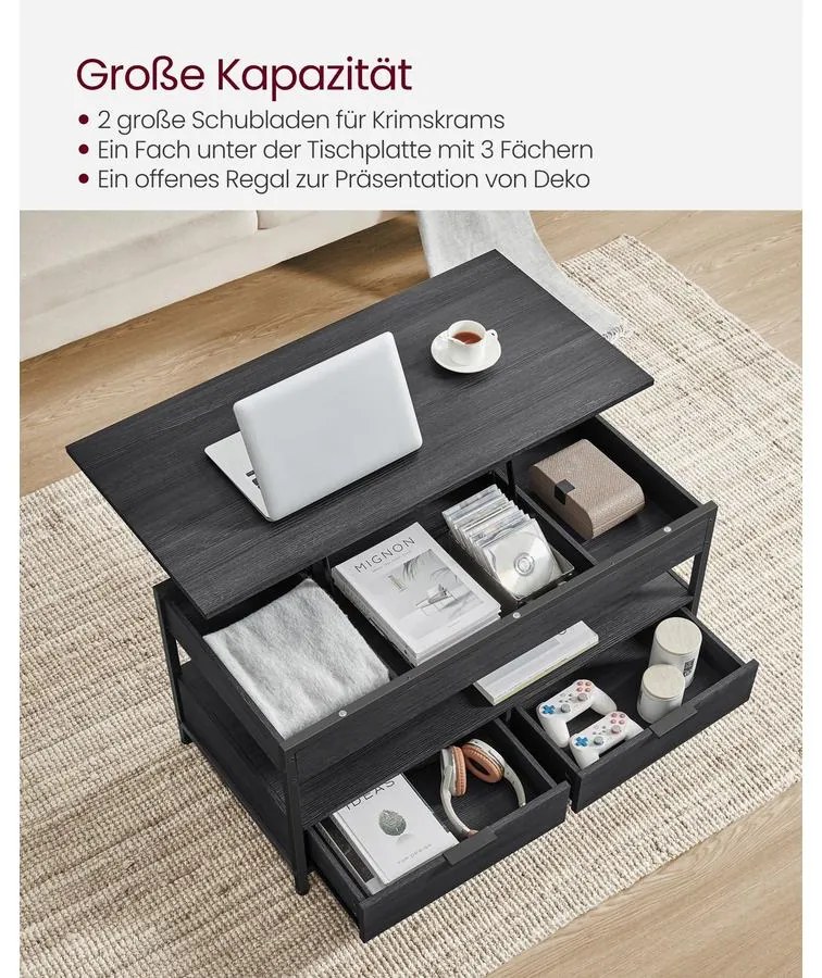 VASAGLE dohányzóasztal, magasságában állítható, 50×100 cm, antracitszürke–tintafekete