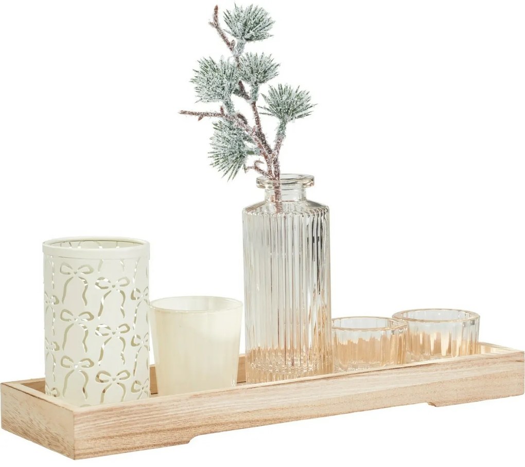 Gyertyatartó szett fa tálcán Winter Time, 6 db,10,5 x 32,5 cm