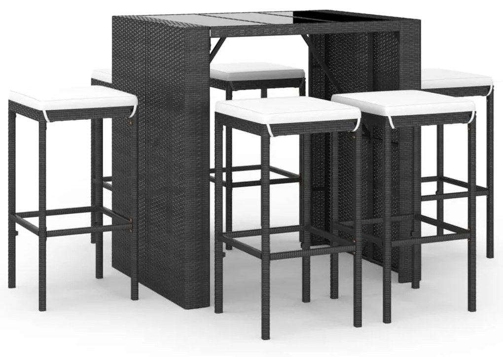 7 részes fekete polyrattan kerti bárszett párnákkal