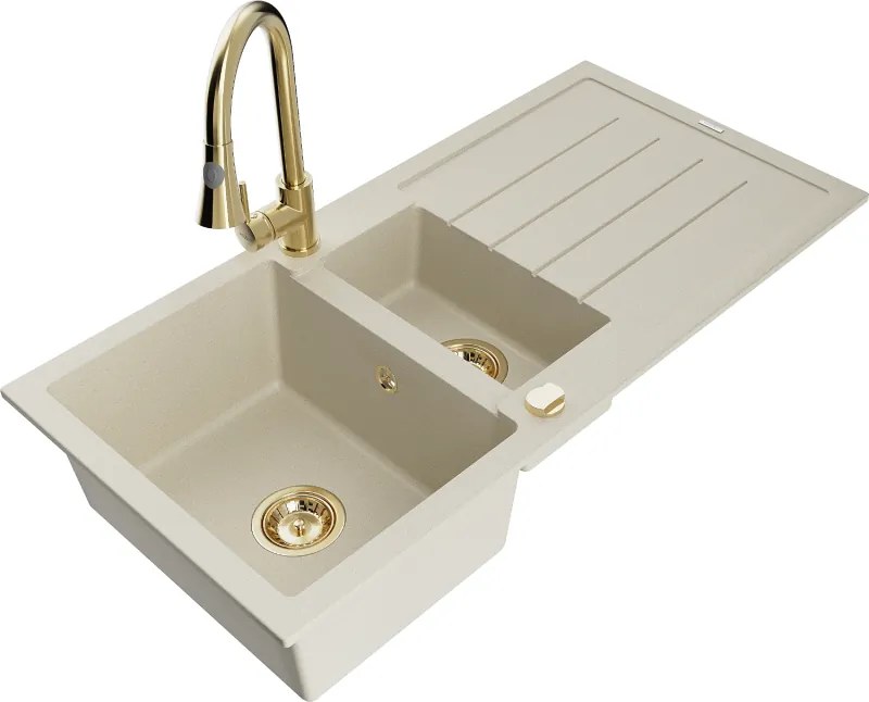 Mexen Andres 1,5 rekeszes gránit mosogató csepegtetővel és Elia konyhai csappal, bézs - 6515-69-670101-50