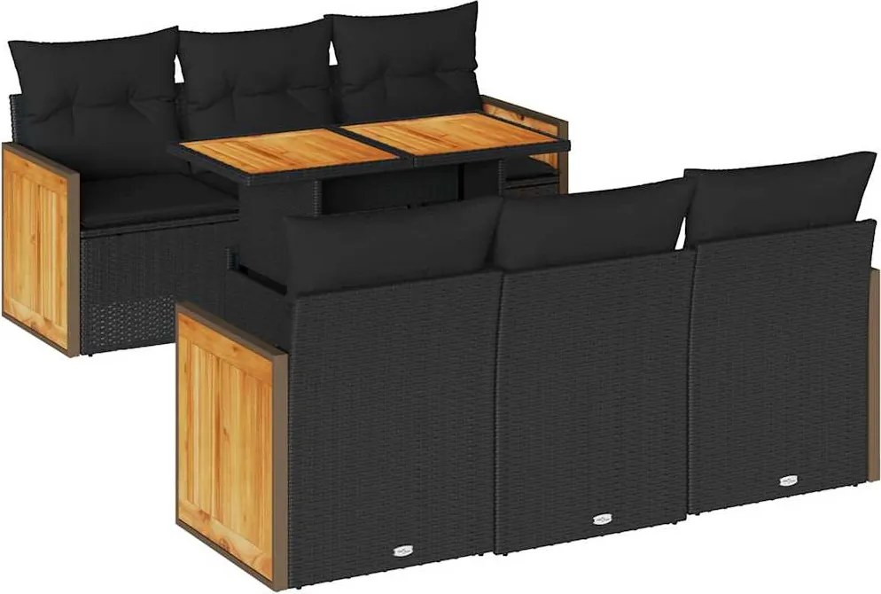 vidaXL 7 részes fekete polyrattan akácfa kerti ülőgarnitúra párnával