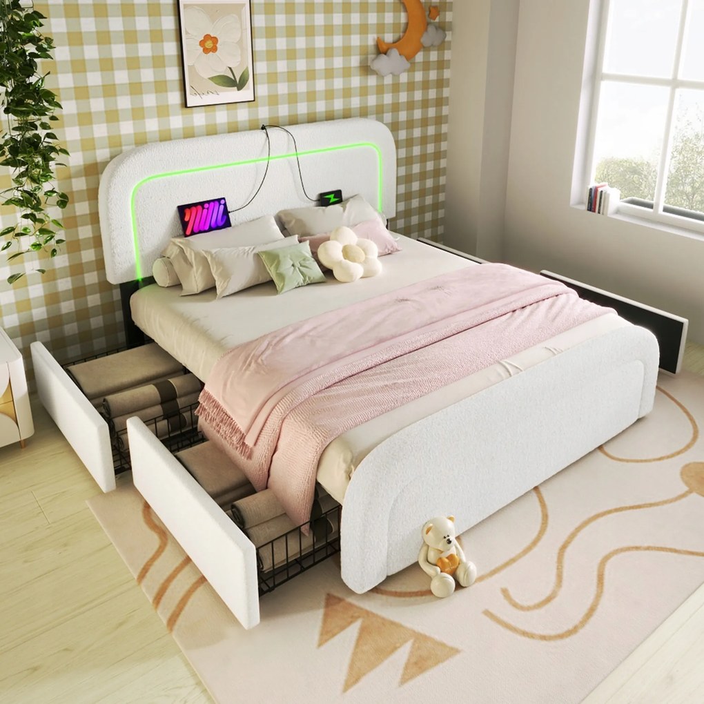 Franciaágy Kárpitozott ágy 140x200 4 fiók Usb C Led Sherpa fehér