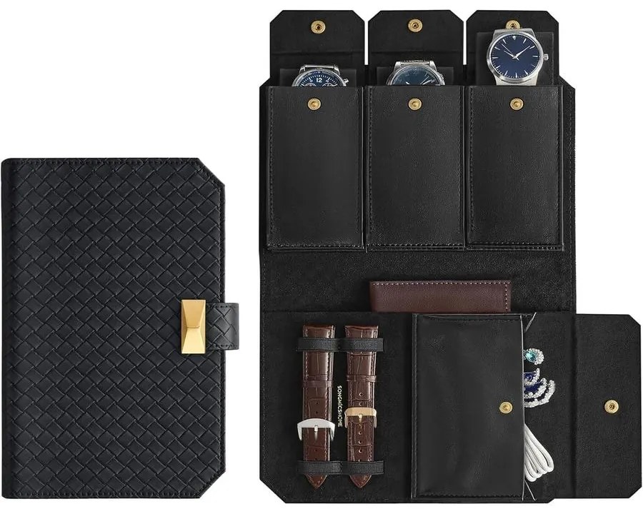 SONGMICS HOME 3 órás tok, utazó óratartó doboz 22×14,5×4,5 cm, tintafekete színben