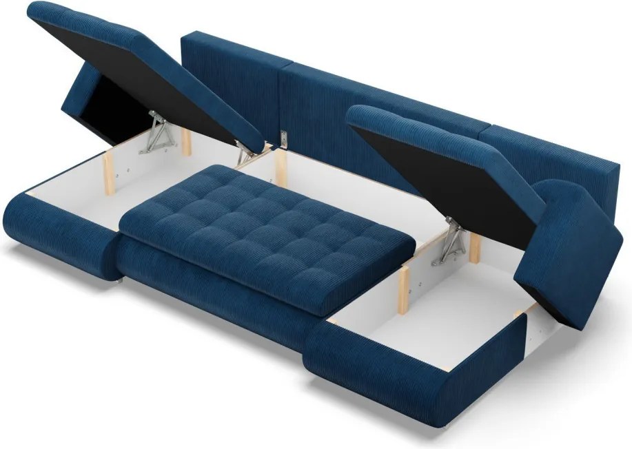 Tokio U alakú sarokkanapé, 3 ágyneműtartóval, kordbársony, univerzális oldal, kék