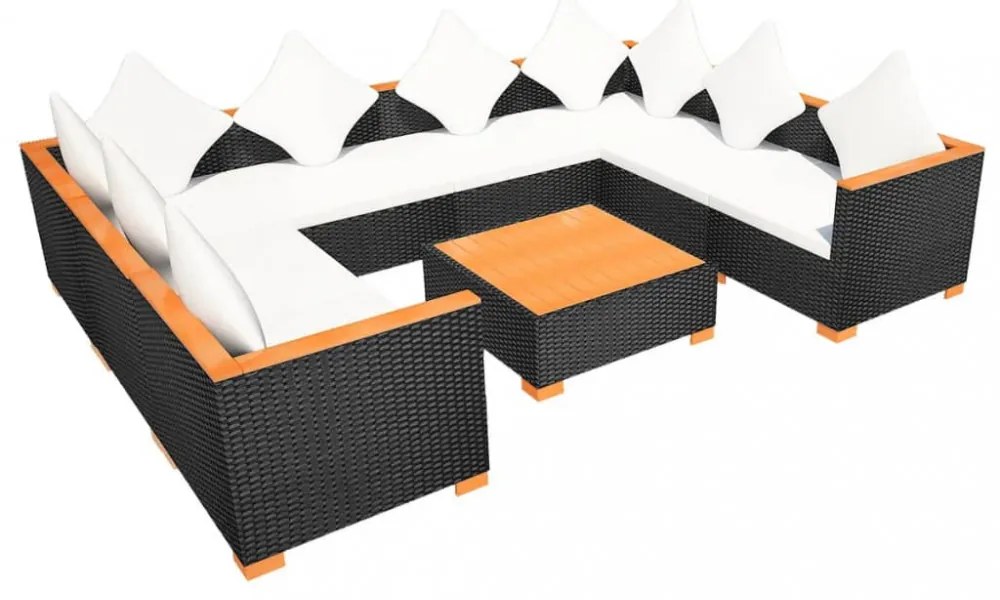 9-részes fekete polyrattan kerti bútorszett párnákkal