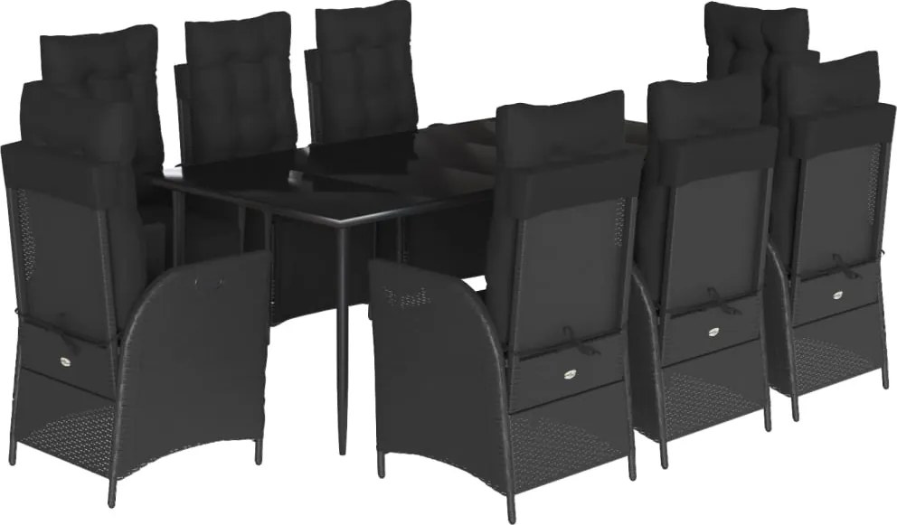 vidaXL 9 részes fekete polyrattan kerti étkezőgarnitúra párnákkal