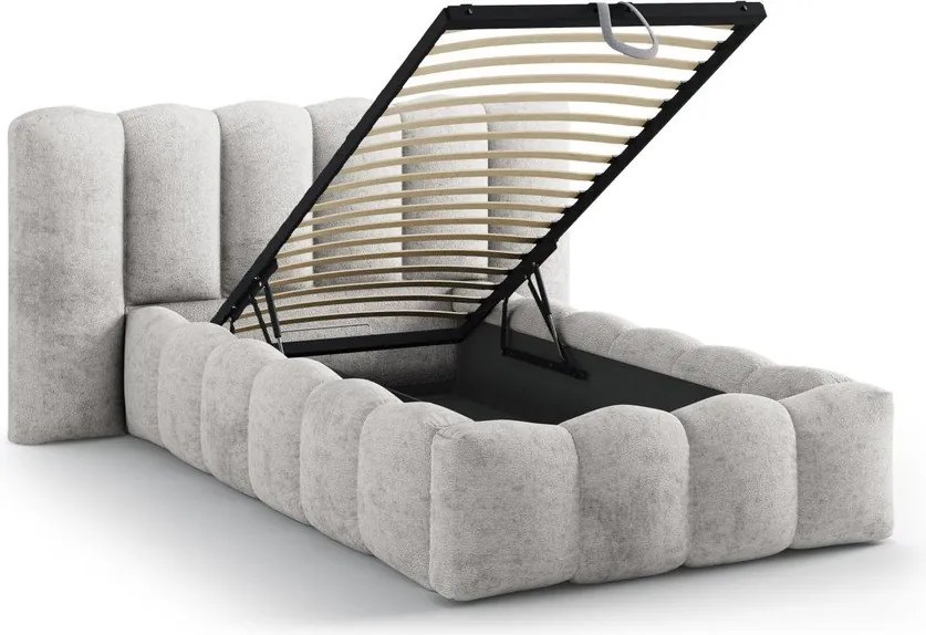 Szürke kárpitozott ágyneműtartós egyszemélyes ágy ágyráccsal 90x200 cm Lupine – Micadoni