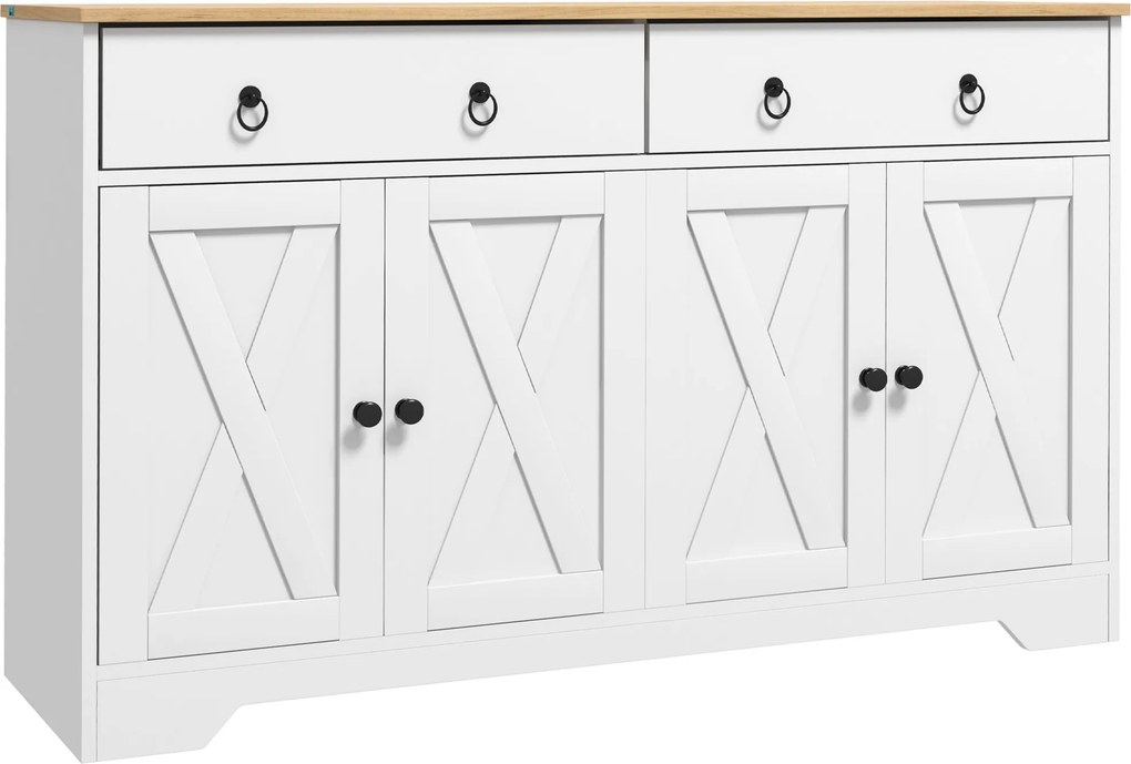 HOMCOM Büfé tároló szekrény konyhai szekrény vidéki stílusban 2 fiókkal és 2 állítható magasságú polccal - méret: 121L x 37W x 75H cm fehér | Aosom