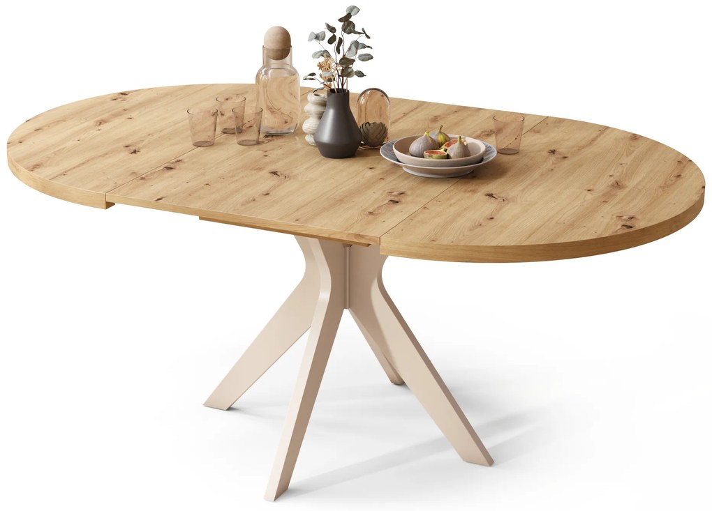 Mazzoni RENZO Artisan Tölgy/bézs láb (pezsgő) - KEREK ASZTAL Ø110 180 cm-re BŐVÍTHETŐ | A KONYHÁBA ÉTKEZŐBE NAPPALIBA RETRO