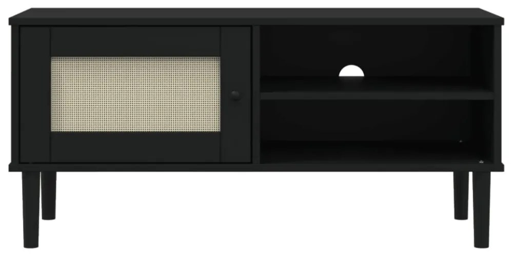 SENJA fekete rattanhatású tömör fenyő TV-szekrény 106x40x49 cm
