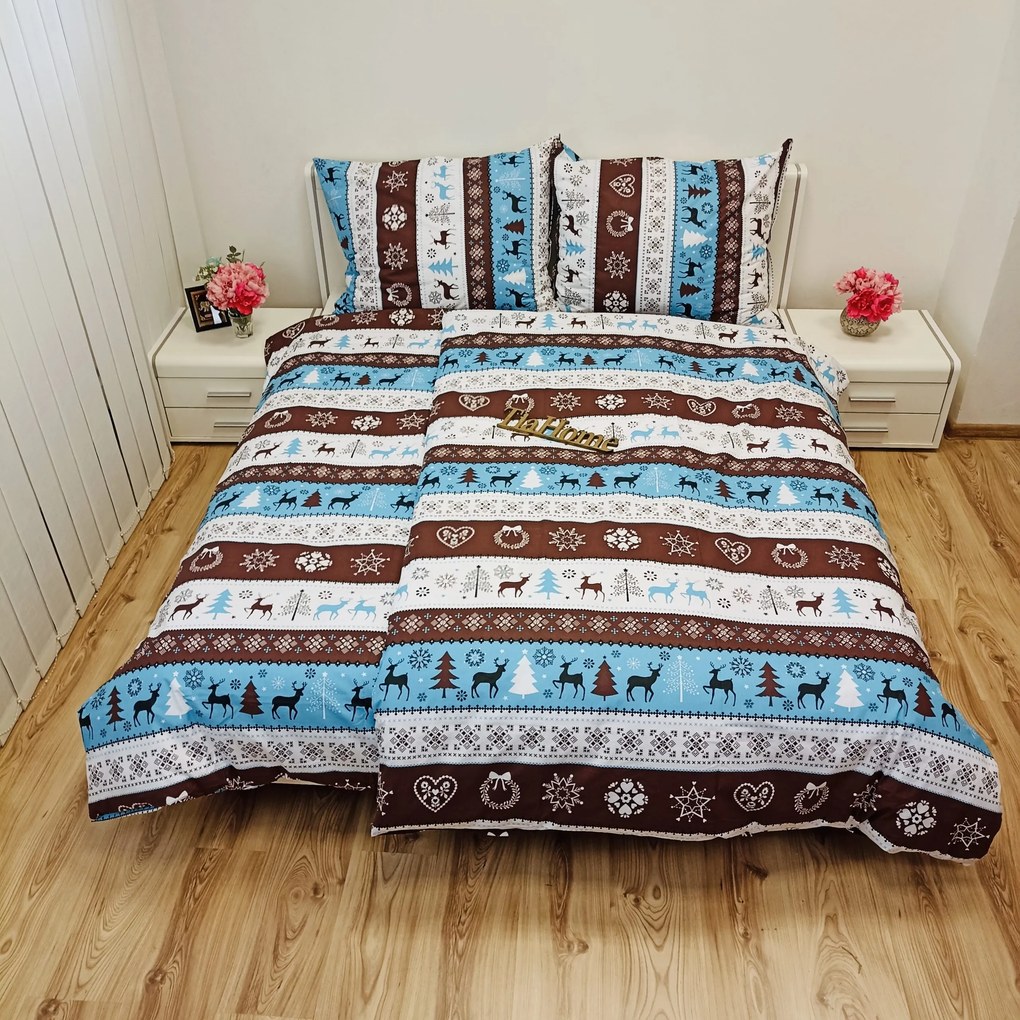 Pamut lepedők Karácsonyi lepedők Rénszarvas türkiz TiaHome - 1x Párna 90x70cm, 1x Paplan 140x200cm