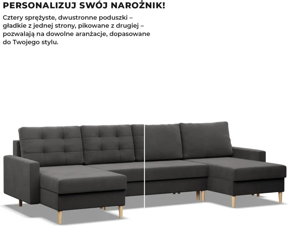 Etna U alakú sarokkanapé, 1 ágyneműtartóval, szövet anyag, univerzális oldal, bonell töltet, szürke