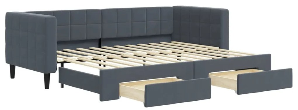 sötétszürke kihúzható bársony heverő fiókkal 80 x 200 cm
