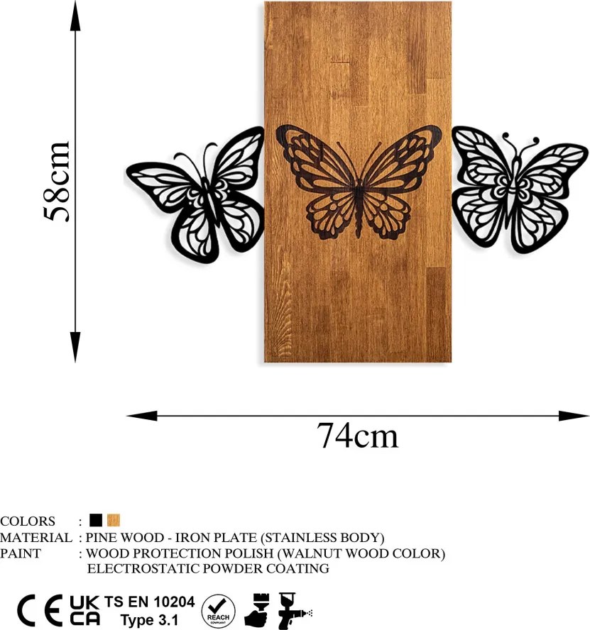 Butterflies fém fa fali dekoráció, 74×58 cm