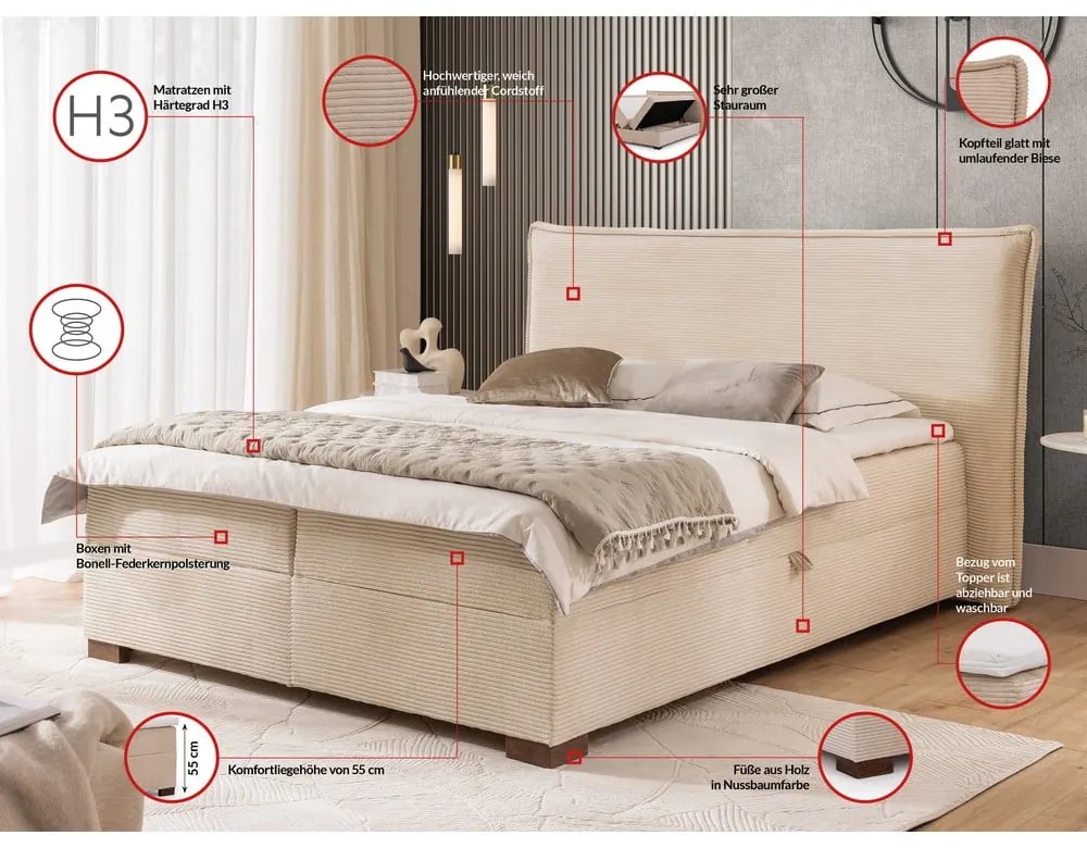 Bézs ágyneműtartós boxspring ágy 200x200 cm Lysa – Ropez