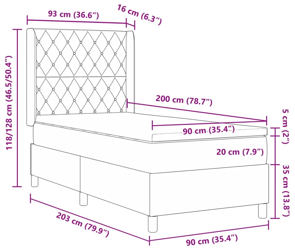 Rugókaltal ágy matraccal Sötétszürke 90x200 cm Bársony