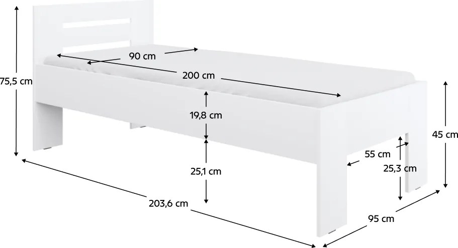 Ágy, 90x200, fehér, BASIS