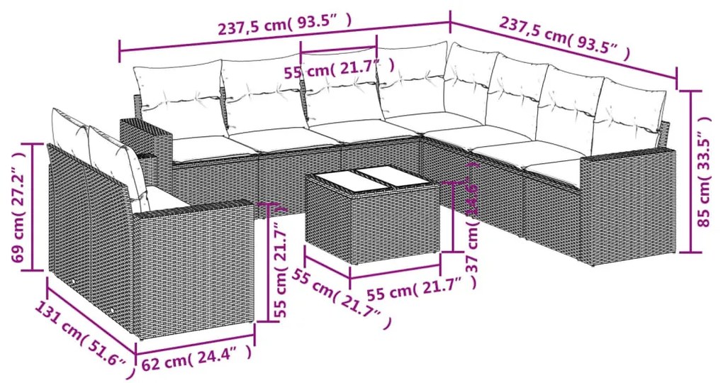 10 részes világosszürke polyrattan kerti ülőgarnitúra párnákkal