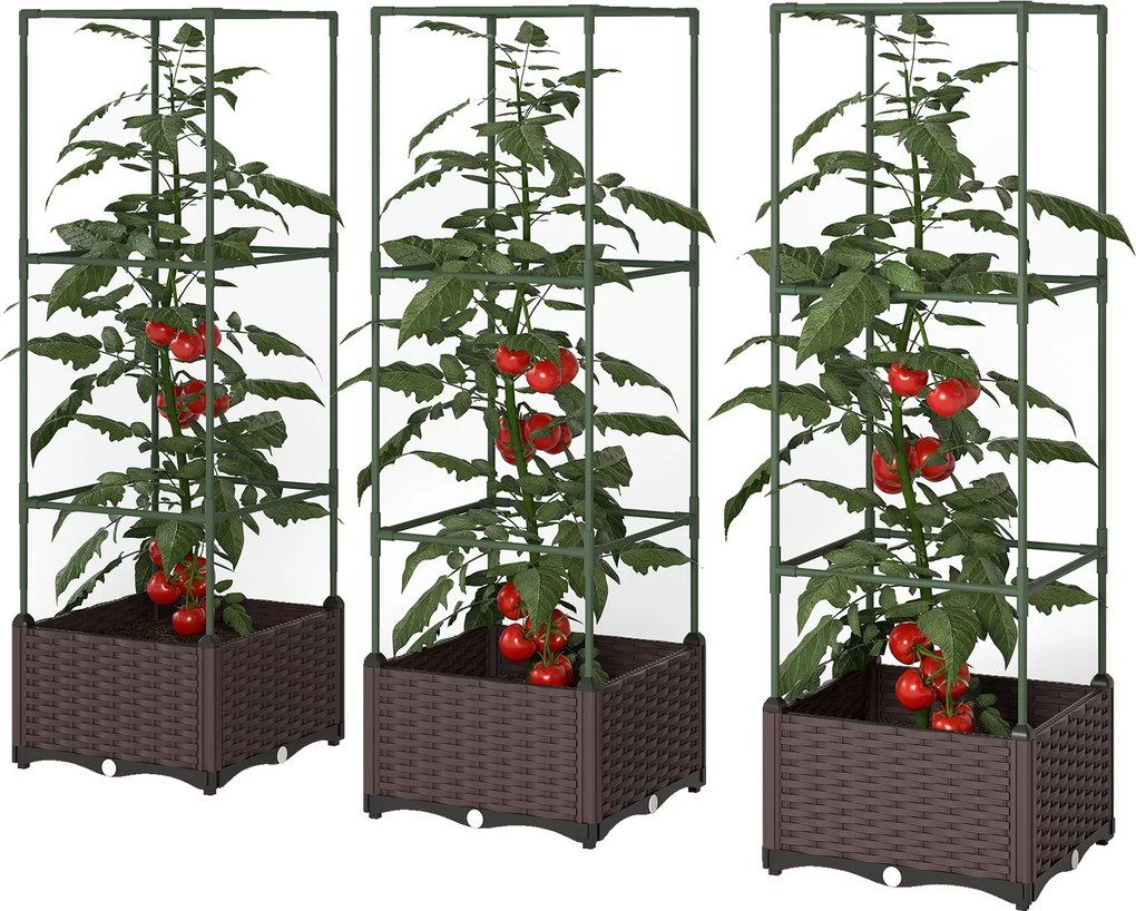 Outsunny emelt ágyás támaszráccsal — 3 részes virágláda szett, lefolyónyílásokkal, zöld/sötétbarna, 40 x 40 x 125 cm | Aosom