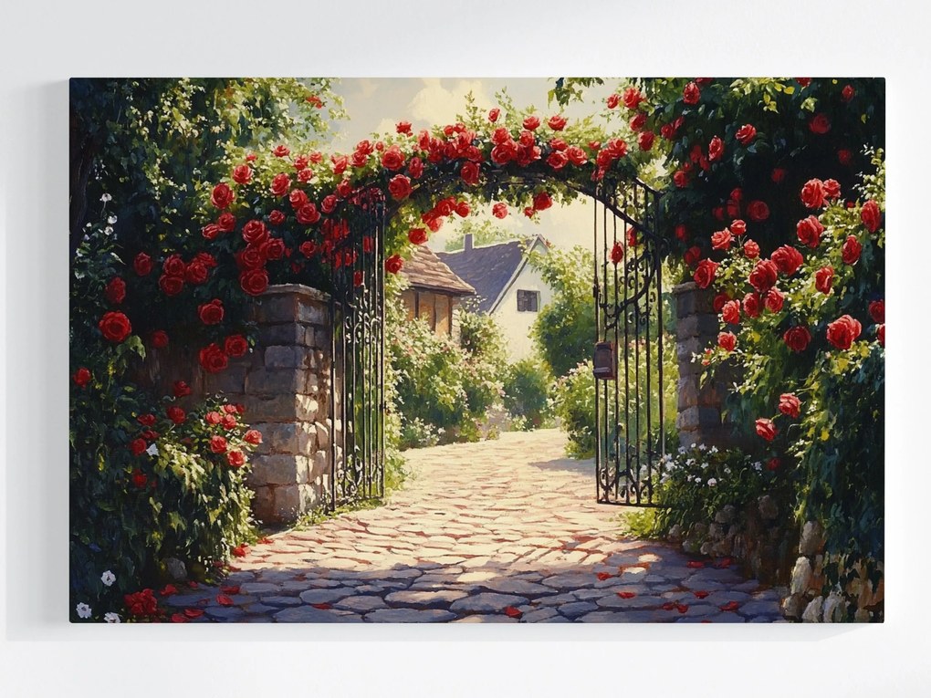 Vászonkép Canvas Kapu Vörös Rózsák Vidéki Kert Otthon Természet 60x40