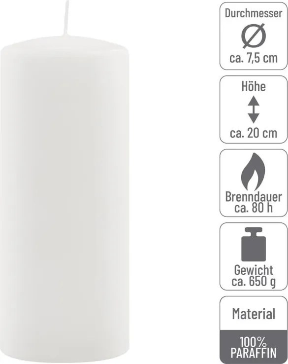Gyertya készlet 20 cm Ø 7,5 cm  6 db fehér
