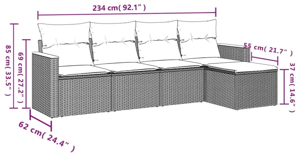 5 részes fekete polyrattan kerti kanapészett párnákkal