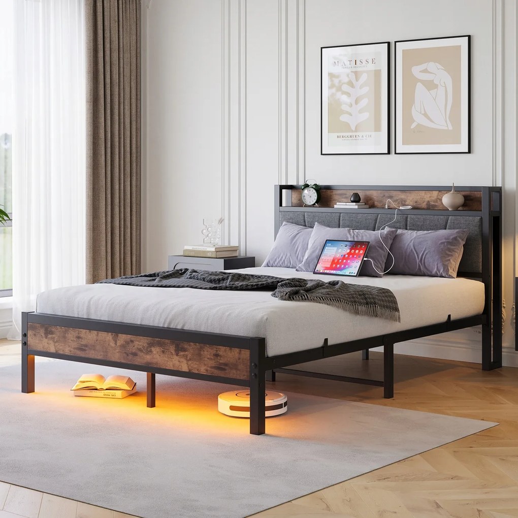 Fém gyár LED-es franciaágy Usb 140X200CM vas keret