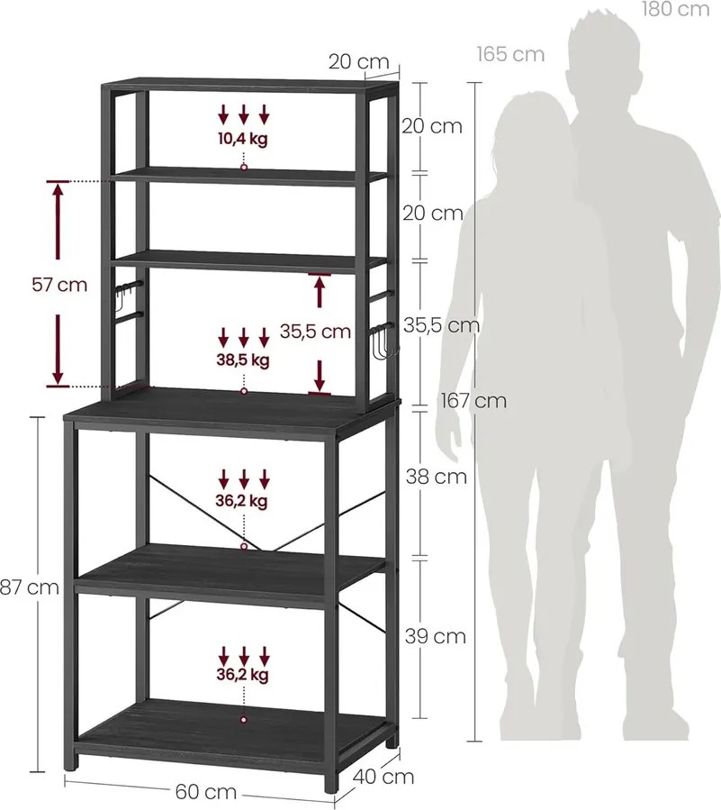 Konyhai állvány, álló polc, mikróállvány, szürke–fekete, 40×60×167 cm