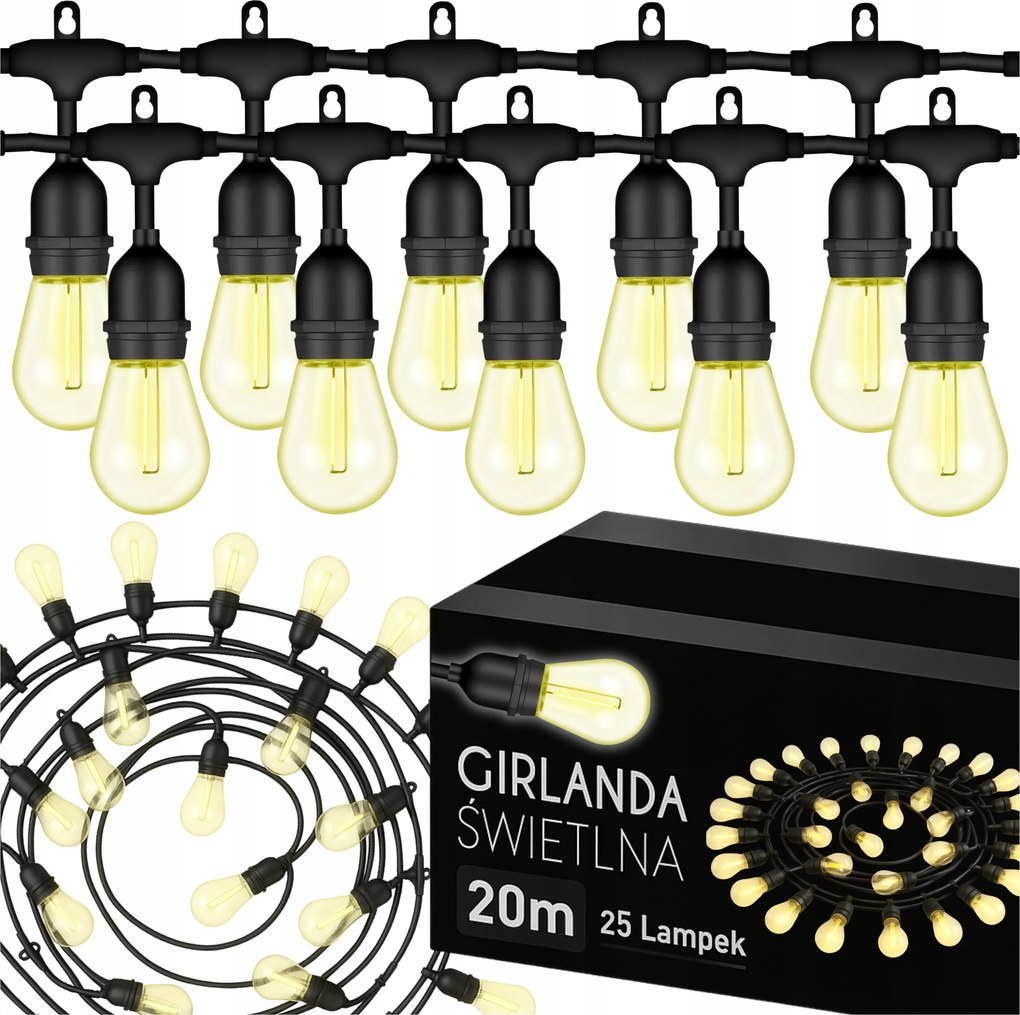 Kerti Fényfüzér 20m Kültéri Izzó 25x Led Kerti Lámpák