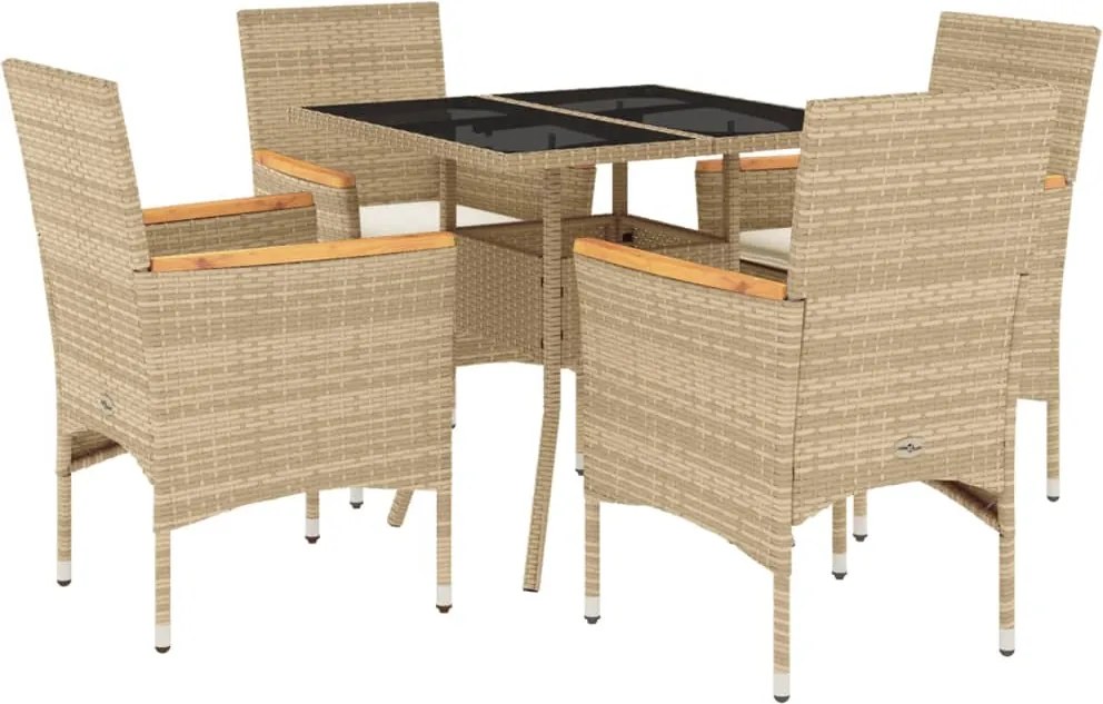 vidaXL 5 részes bézs polyrattan/üveg kerti étkezőgarnitúra párnákkal