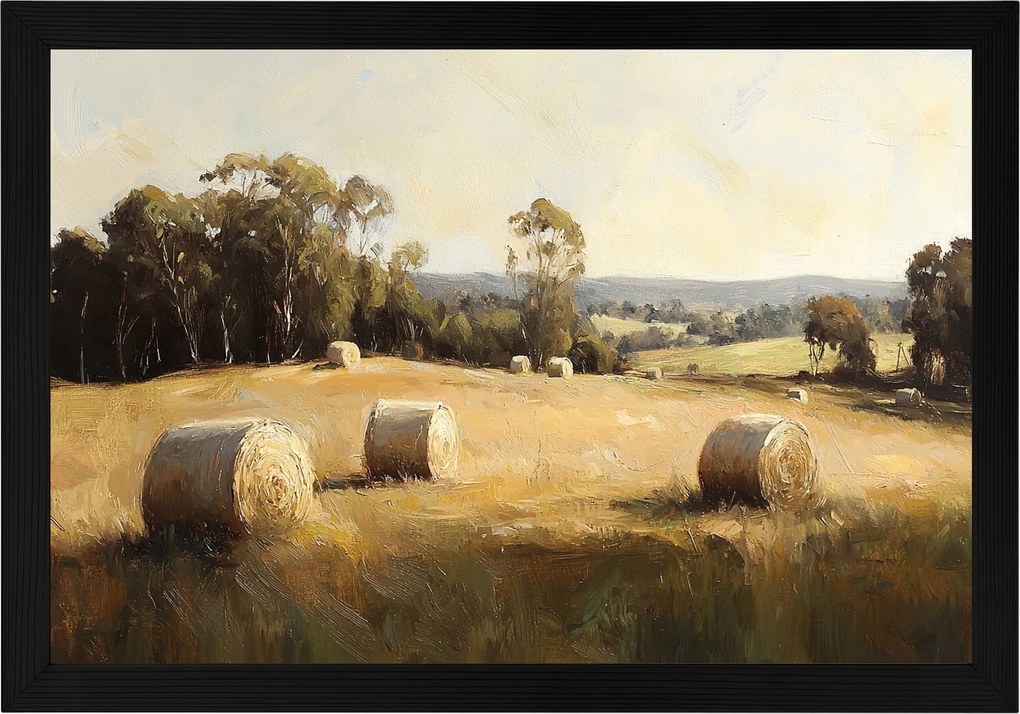 Poszter Keret Fa Tájkép Lengyelország Falu Aratás Mező Széna Nyár 60x40