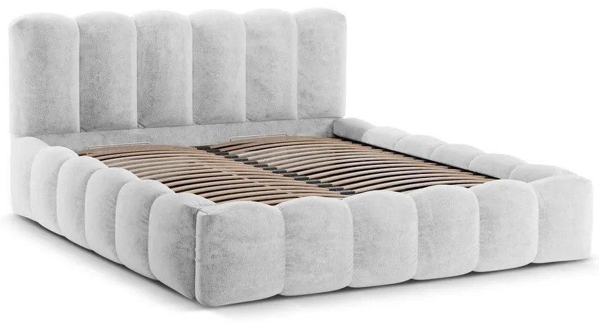 Világosszürke kárpitozott ágyneműtartós franciaágy ágyráccsal 160x200 cm Lupine – Micadoni Home