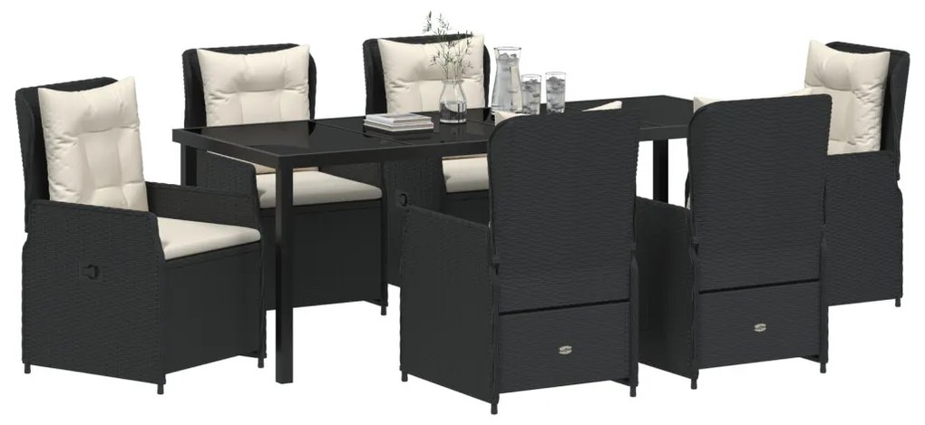 7 Részes Kerti Étkezősor Fekete Poli Rattan, Kerti Asztal Fekete 200x80x73 cm Edzett Üvegből