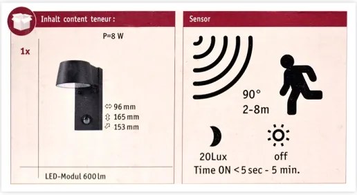 Paulmann 94453 - LED/6W IP44 Kültéri fali lámpa érzékelővel CAPEA 230V