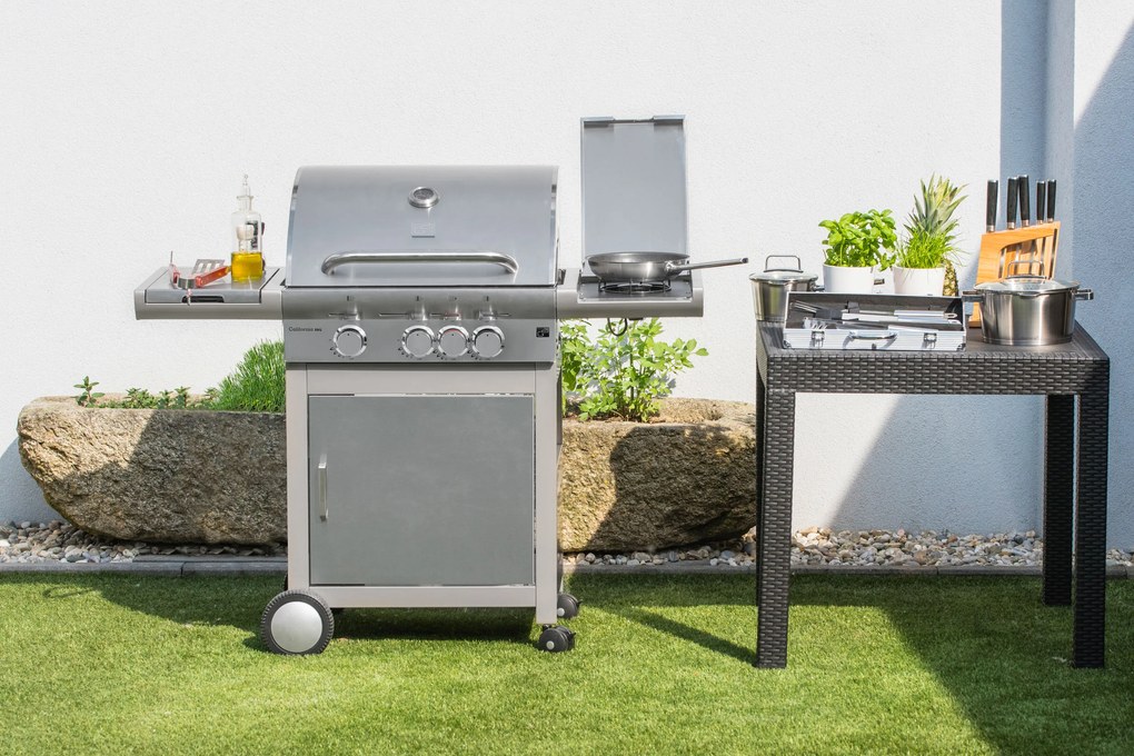 CALIFORNIA BBQ gázgrill, 4 égővel, nyomáscsökkentő szeleppel, ezüst Penta CZ